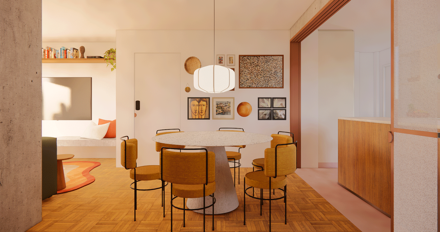 Imagem 3D da sala de jantar do Apartamento Harmonia, com piso de taco, luminária de papel e quadros