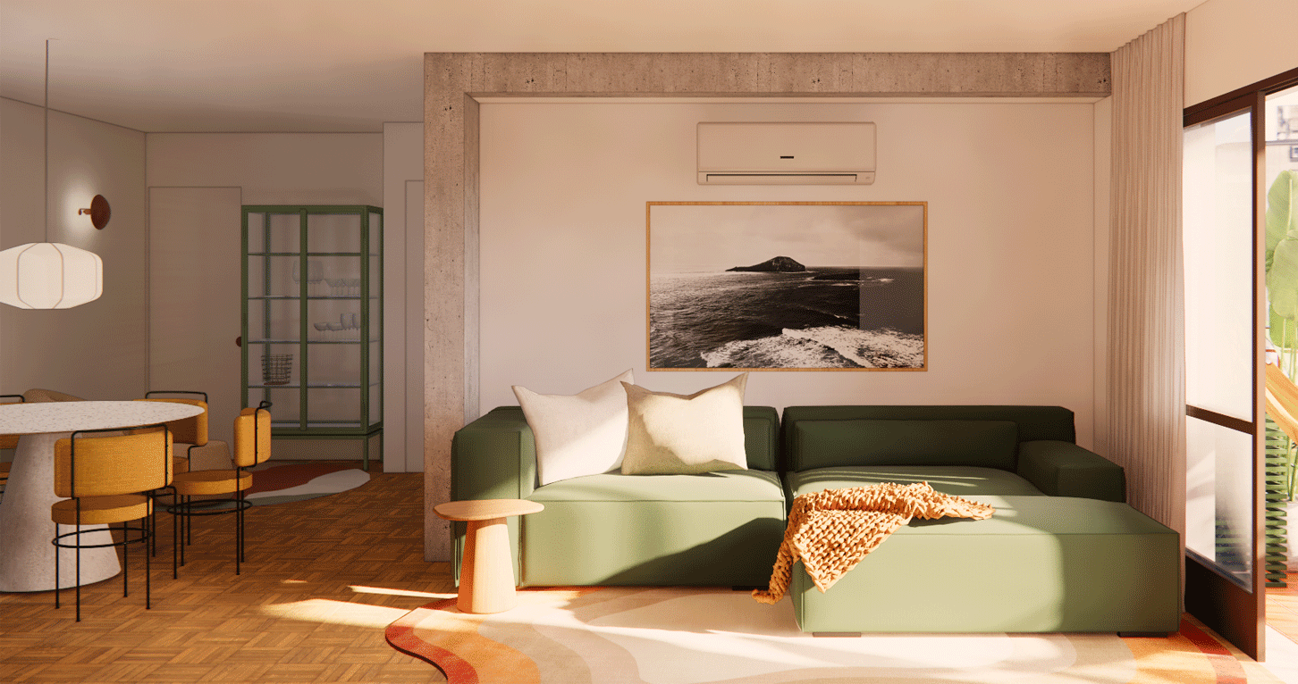 Imagem 3D da sala de estar do Apartamento Harmonia, com sofá verde, tapete orgânico e parede de concreto