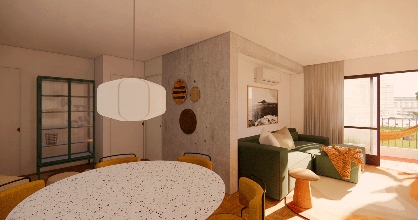 Imagem 3D da sala do Apartamento Harmonia, com mesa de granilite, sofá verde e cristaleira