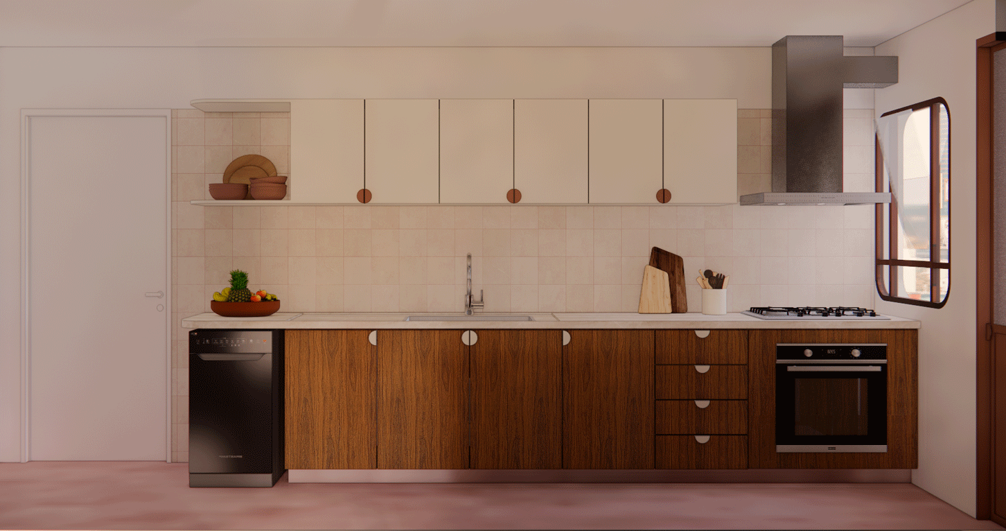 Imagem 3D da cozinha linear do Apartamento Harmonia, com armários de madeira e prateleira alta clara