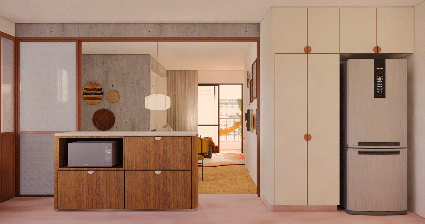 Imagem 3D da cozinha do Apartamento Harmonia, com ilha de madeira, geladeira e armários claros