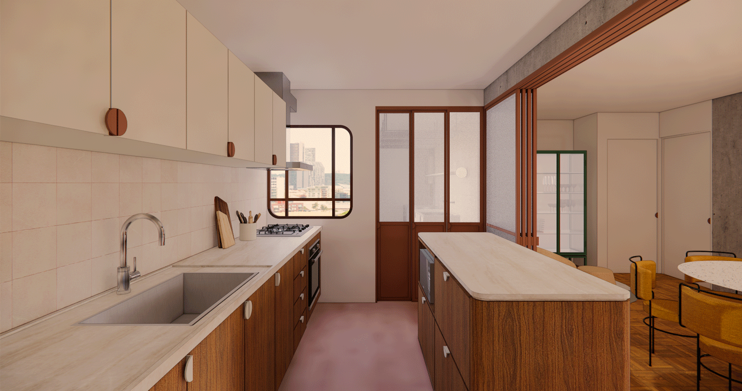 Imagem 3D da cozinha corredor do Apartamento Harmonia, com bancada clara e porta de caixilho de madeira
