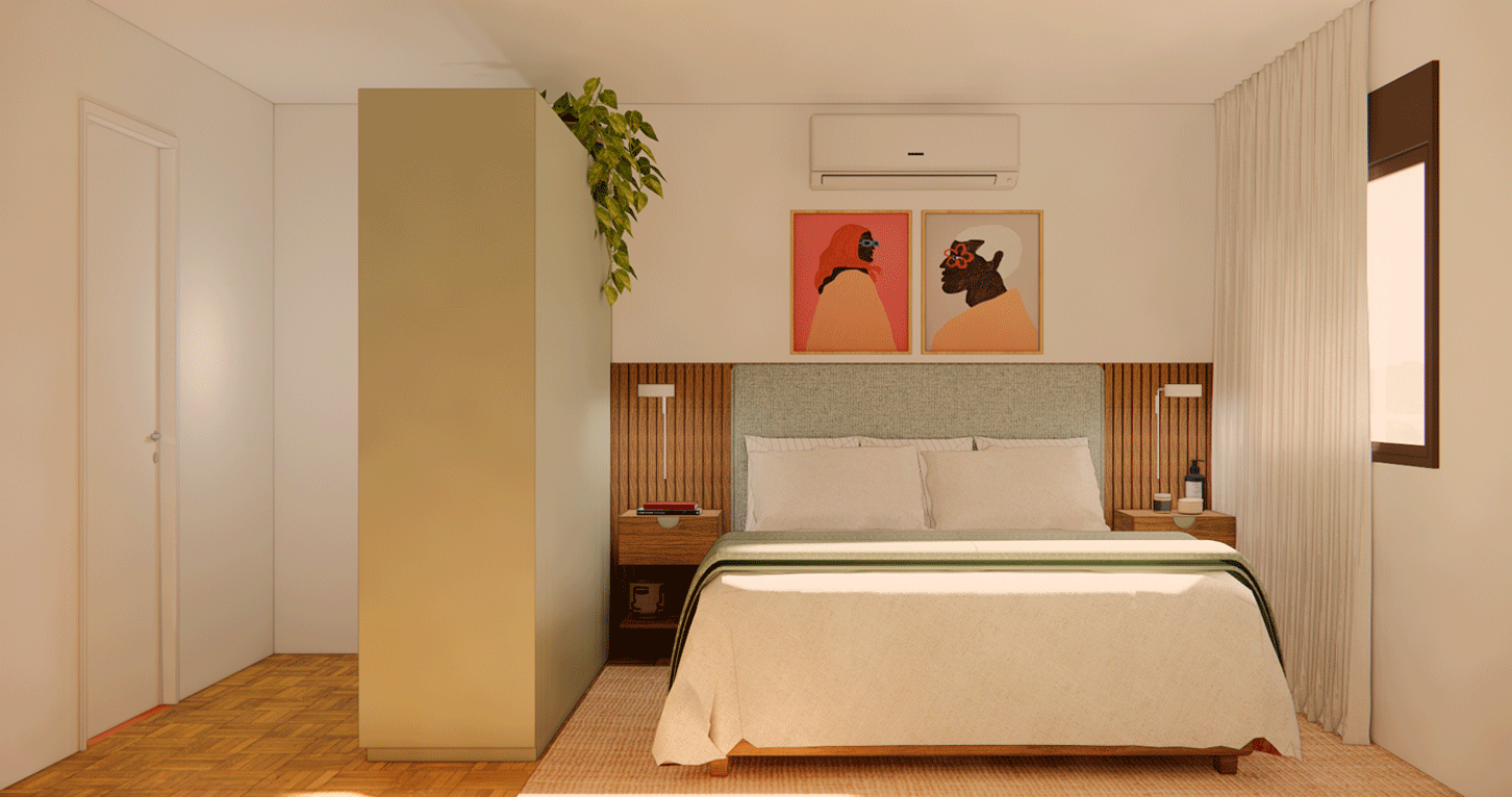 Imagem 3D do quarto do Apartamento Harmonia, com cabeceira estofada, quadros e armário de madeira