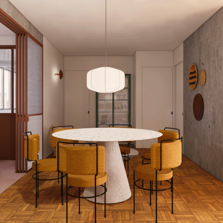 Imagem 3D da sala de jantar do Apartamento Harmonia, com mesa redonda branca, cadeiras mostarda e piso de taco, na Vila Madalena