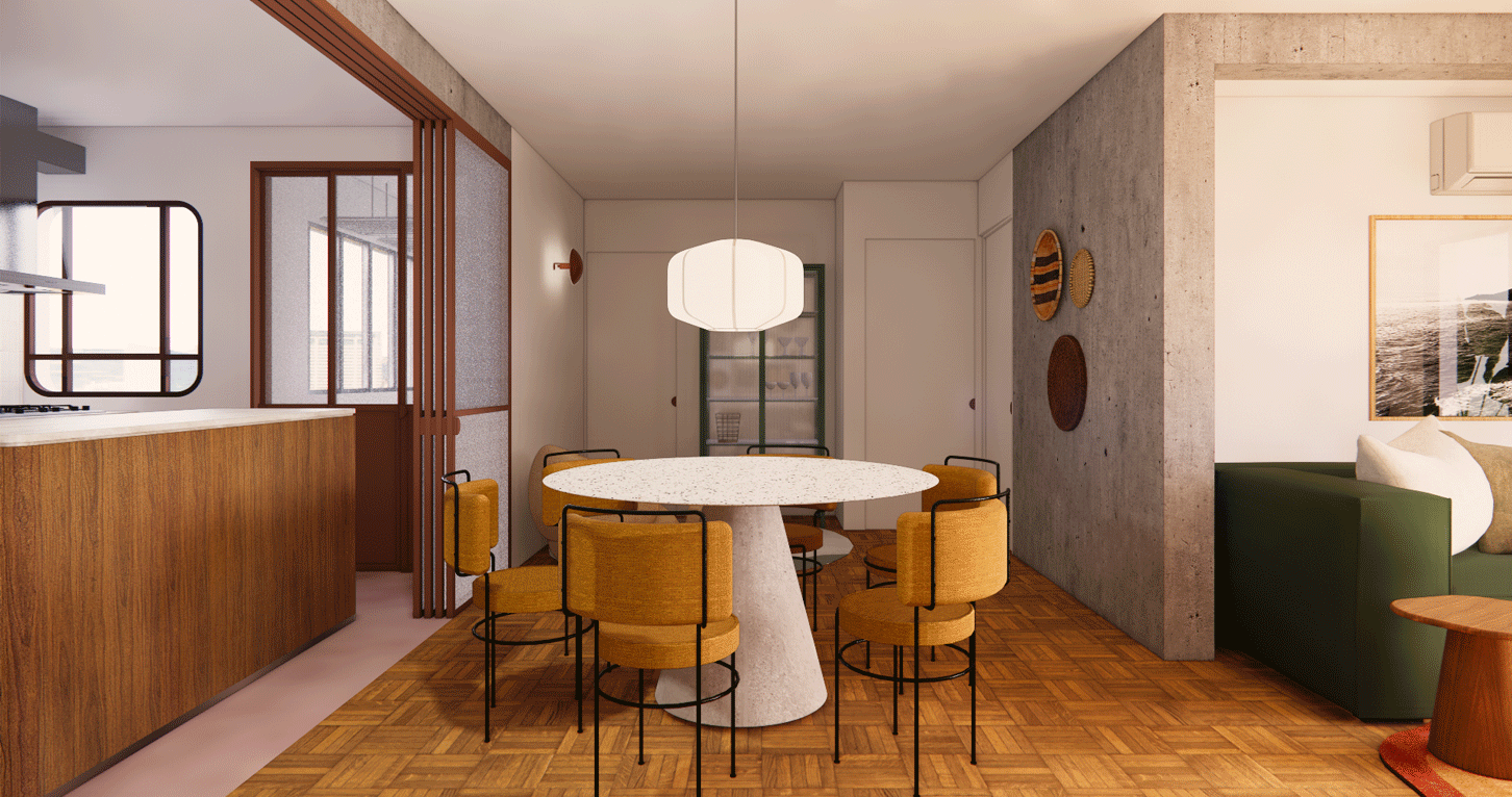 Imagem 3D da sala de jantar do Apartamento Harmonia, com mesa redonda branca, cadeiras mostarda e piso de taco, na Vila Madalena