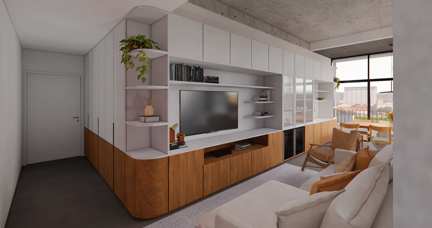 Sala do Apartamento Capote com marcenaria branca e madeira, estante e TV embutidas, em Pinheiros