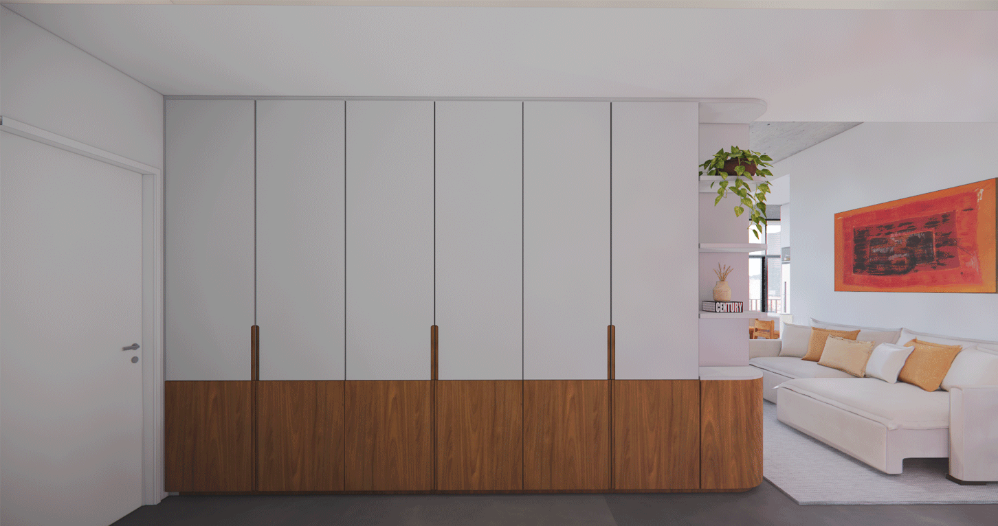 Imagem 3D do Apartamento Capote com armário branco de piso a teto e base de madeira, ao lado da sala