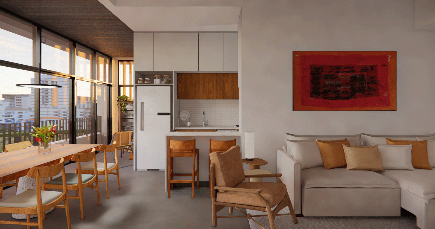 Imagem 3D da sala integrada do Apartamento Capote, com mesa de jantar de madeira, sofá e cozinha ao fundo