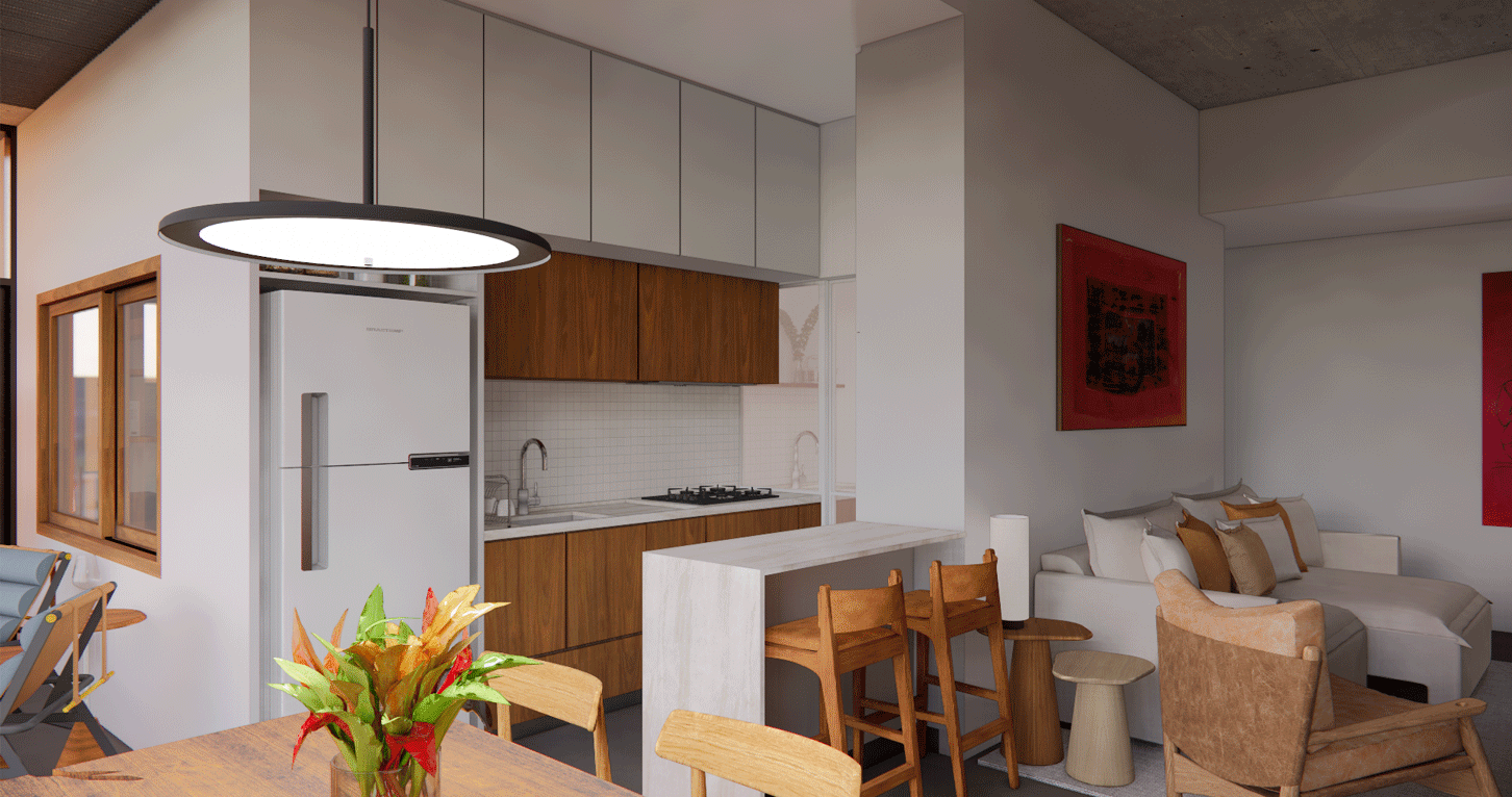 Imagem 3D da cozinha aberta do Apartamento Capote, com bancada, armários de madeira e sala de estar ao lado