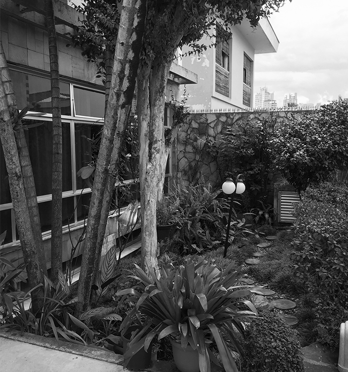 Foto de antes da reforma da Casa Lareira: jardim com árvores e fachada original